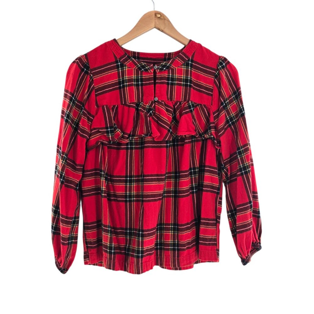 J.Crew Women’s Ruffled Plaid Flannel Popover Shirt Red Tartan Sz S